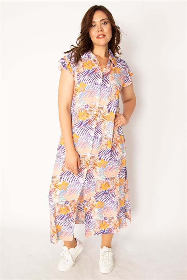 Kadın Renkli Dokuma Viskon Kumaş Ön Boy Düğmeli Gömlek Yakalı Elbise 65N33879