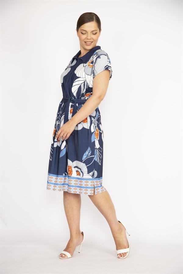 Kadın Lacivert Büyük Beden Yakalı Ön Pat Fermuarlı Beli Kuşaklı Elbise