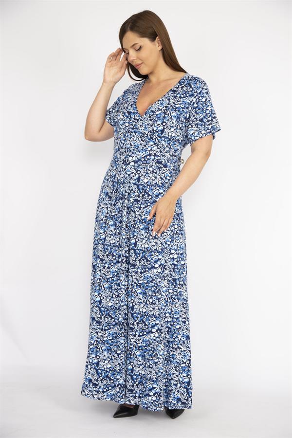 Kadın Mavi Büyük Beden Anvelop Yakalı Likralı Viskon Kumaş Kısa Kollu Uzun Elbise