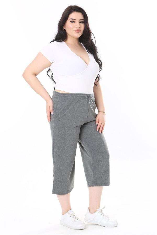 Kadın Büyük Beden Gri Beli Lastikli Eşofman Kapri 65N37977