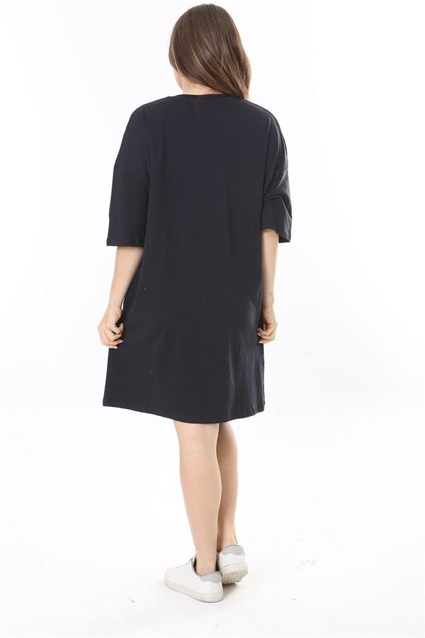 Robe tunique bleu marine à imprimé sur le devant pour femme, grande taille, 65N37790