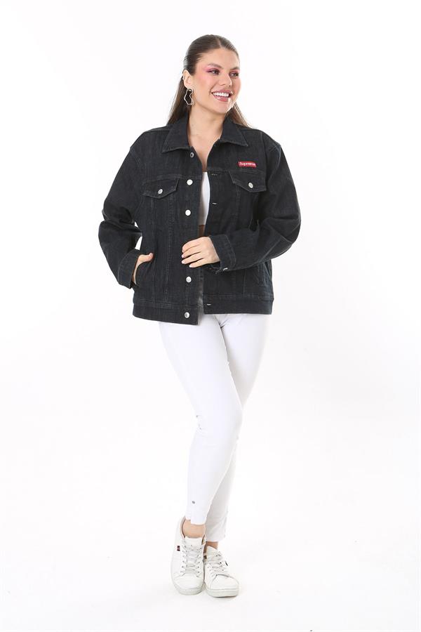 Kadın Büyük Beden Antrasit Metal Düğmeli Kup Detaylı Cepli Kot Mont 65N37714