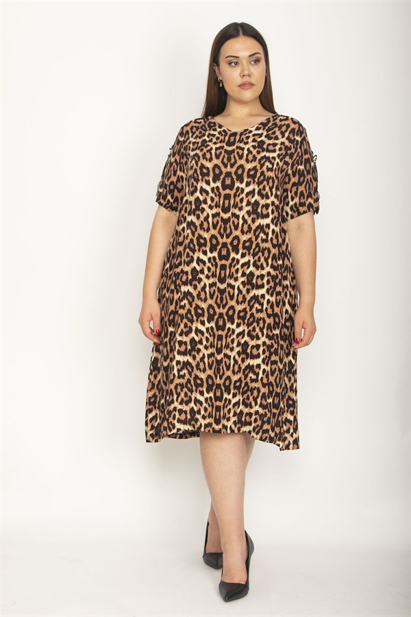 Kadın Leopar Dantel Detaylı V Yakalı Leoparpar Desenli Elbise 65N26914