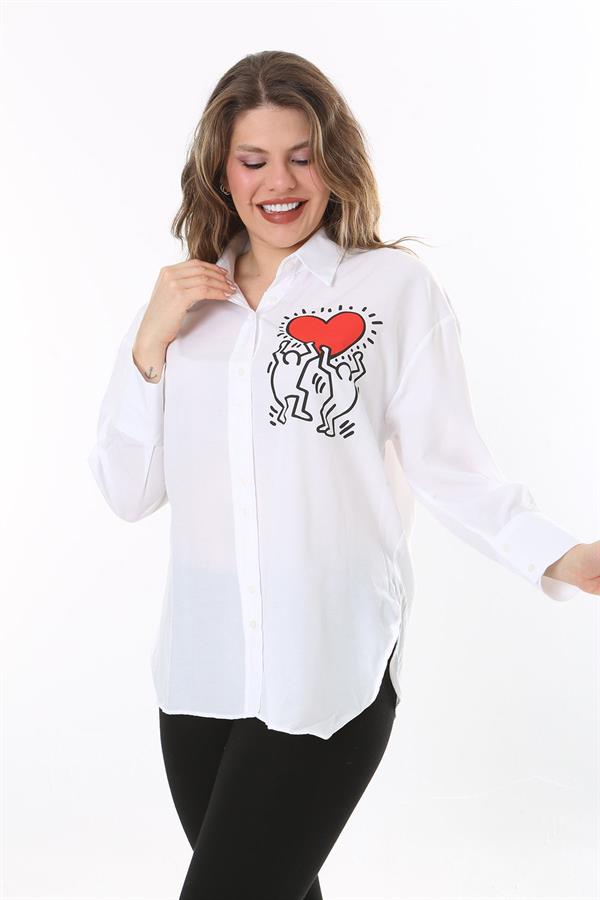 Kadın Büyük Beden Beyaz Ön Düğmeli Arkası Baskılı Gömlek 65N38021