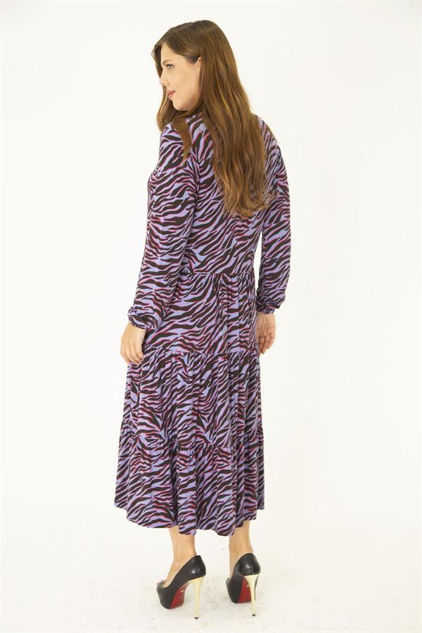 Kadın Büyük Beden Lila Öpücük Yaka Katlı Uzun Kollu Elbise 65N36913