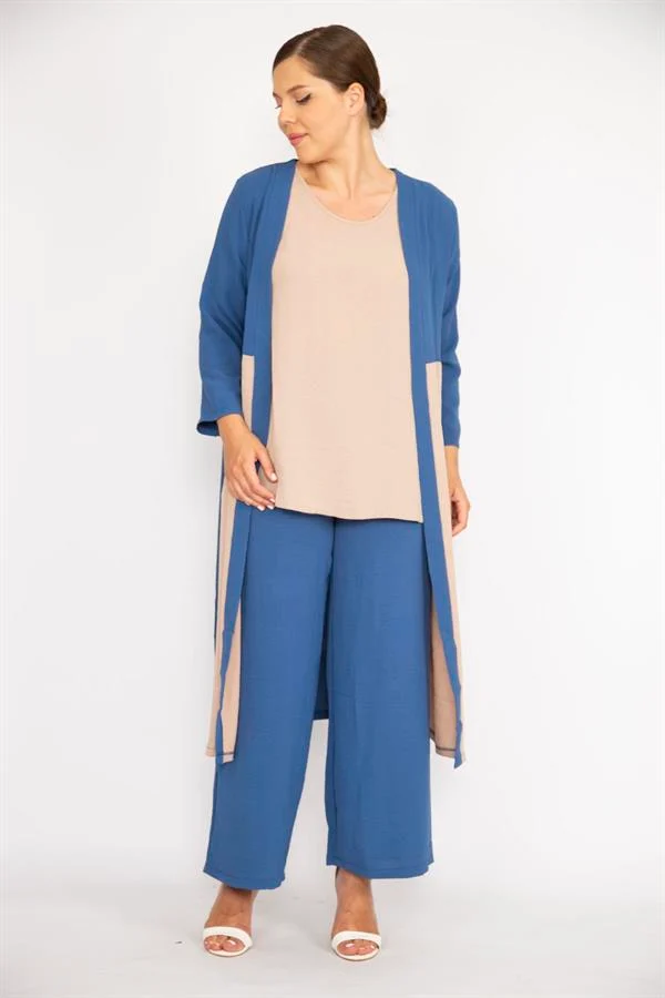 Kadın Büyük Beden İndigo Hırka İç Bluz Ve Pantolon Üçlü Takım
