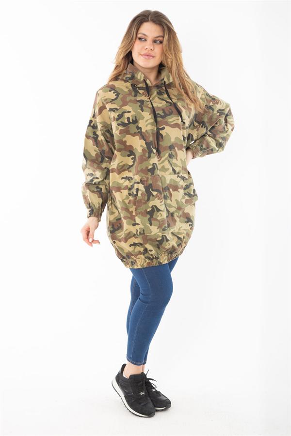 Women's Plus Size Khaki Casual Cut Camouflage Patterned Hooded Kangaroo Pocket Long Sweatshirt 65N37298