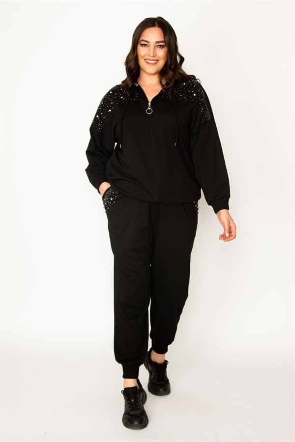 Kadın Siyah İnci Detaylı Kapşonlu Eşofman Takım 65N30435
