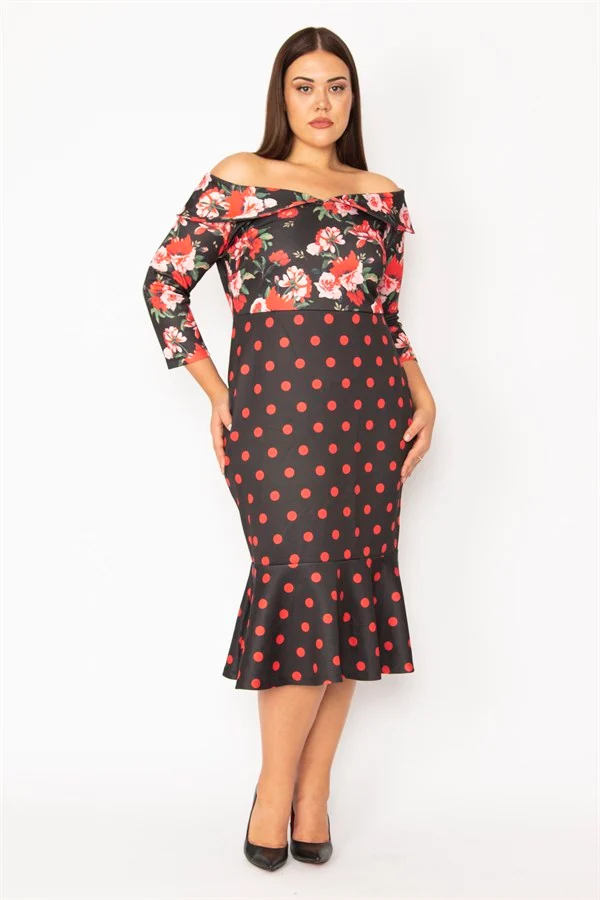 KADIN SİYAH YAKA DETAYLI KAPRİ KOLLU ETEK UCU VOLANLI ELBİSE