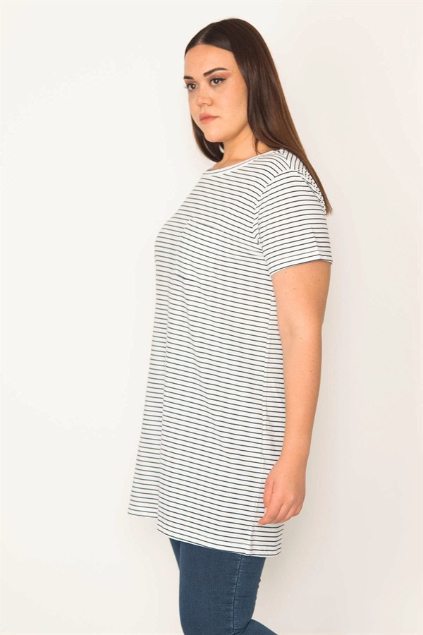 KADIN KEMİK PAMUKLU KUMAŞ BİSİKLET YAKA ÇİZGİLİ BLUZ