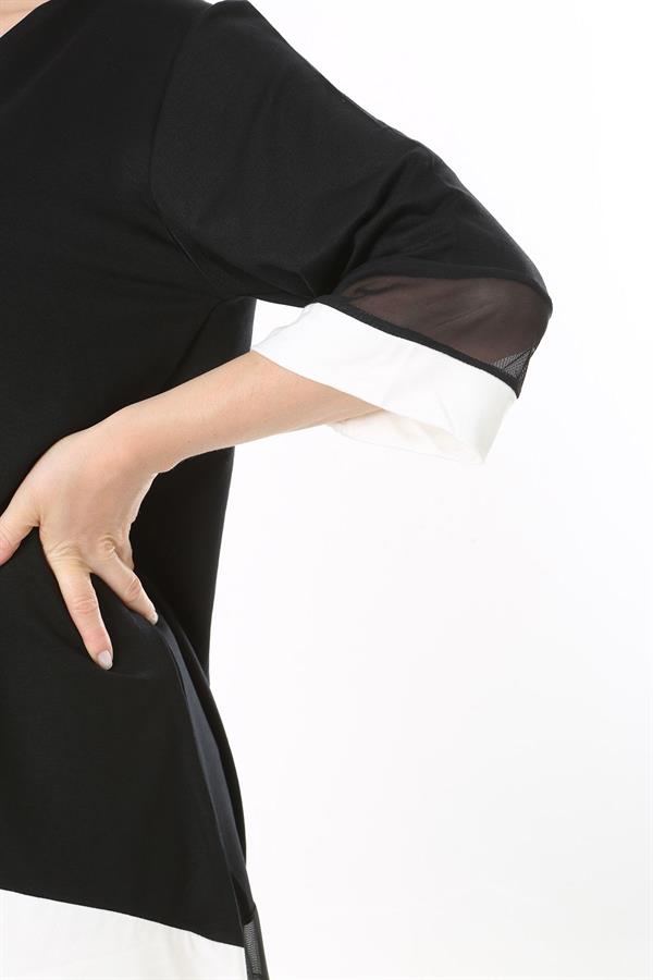 Kadın Büyük Beden Kemik Kol Ve Etek Ucu Tül Ve Garni Detaylı V Yakalı Arkası Uzun Tunik 65N37681