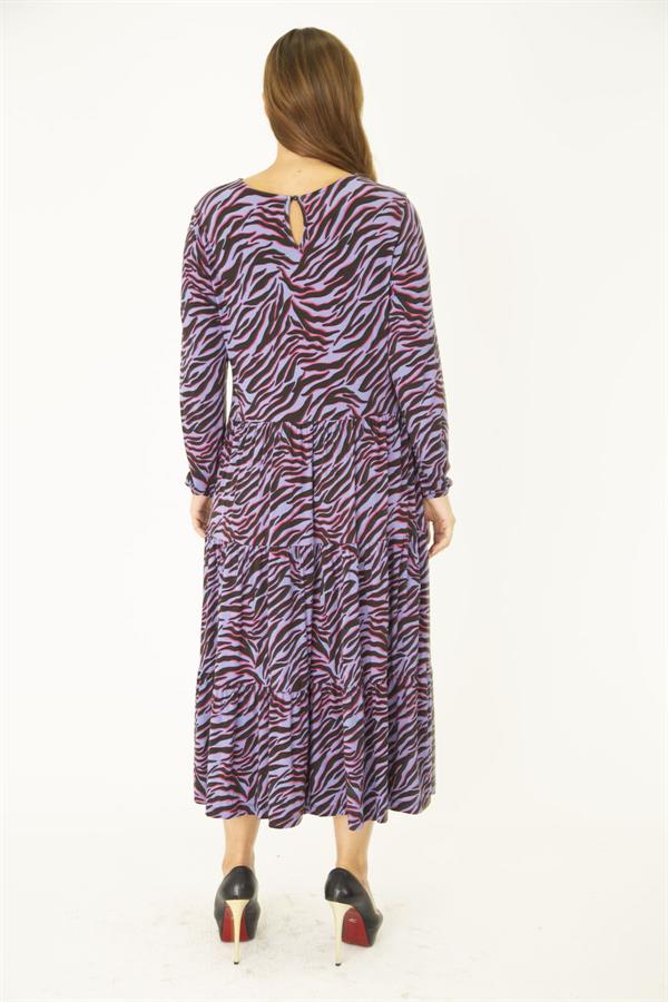 Kadın Büyük Beden Lila Öpücük Yaka Katlı Uzun Kollu Elbise 65N36913