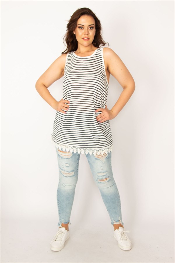 Kadın Kemik Etek Ucu Dantelli Çizgili Bluz 65N33671