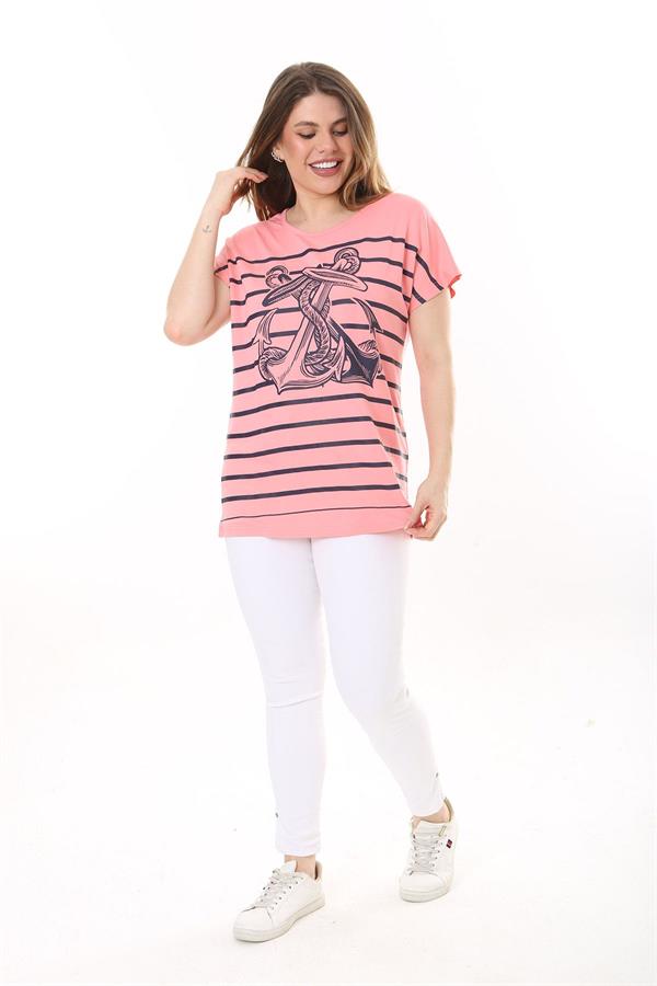 Kadın Büyük Beden Lacivert Bisiklet Yakalı Ön Desenli Kısa Kollu Bluz 65N37639