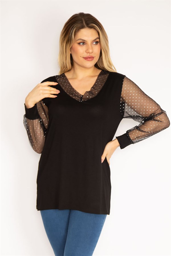 Kadın Mürdüm Yaka Ve Kolları Simli Tül Bluz 65N35185