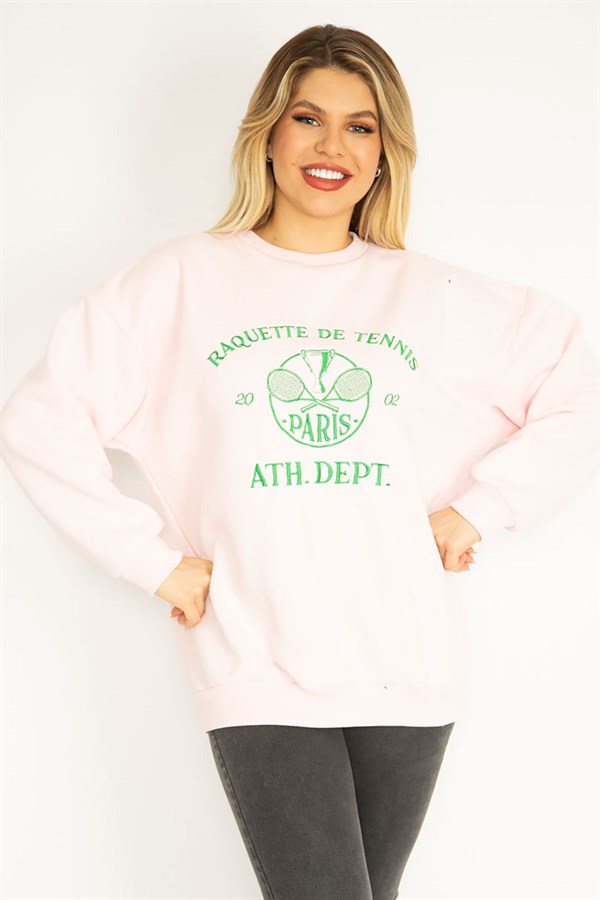 Kadın Pembe 3 İplik İçi Şardonlu Polar Nakışlı Sweatshirt 65N35073