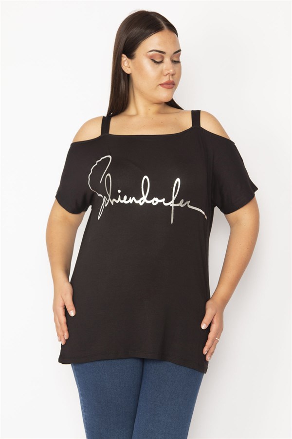 Kadın Siyah Askılı Omuz Dekolteli Lak Baskılı Bluz 65N28776