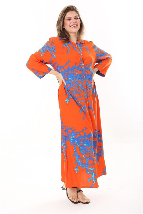 Kadın Büyük Beden Mavi Ön Boy Düğmeli Gömlek Yakalı Uzun Elbise 65N37875