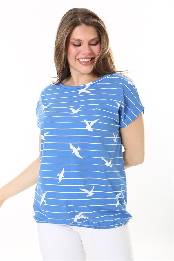 Kadın Büyük Beden Mavi Pamuk Kumaş Etek Ucu Lastikli Düşük Kollu Bluz 65N37896