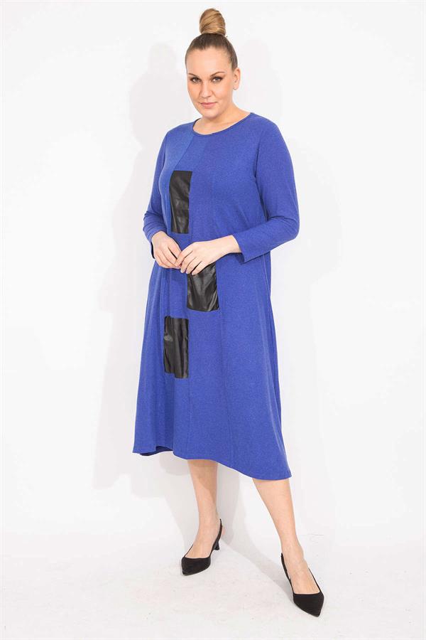 Kadın Antrasit Suni Deri Garnili Uzun Kollu Elbise 65N35528