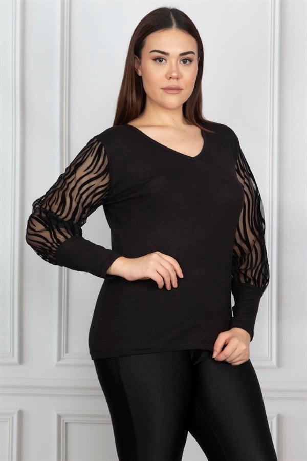 Kadın Büyük Beden Siyah Kolu Flok Tül Bluz 65N17976