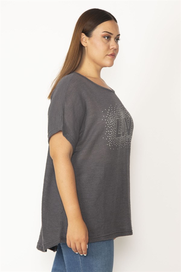 Kadın Füme Taş Detaylı Buklet Dokuma Düşük Kol Salaş Bluz 65N30103