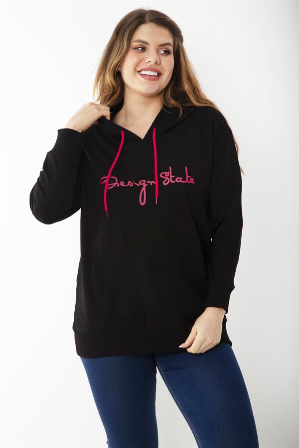 Women's Plus Size Black Hooded Kangaroo Pocket Sweatshirt 65N37197
