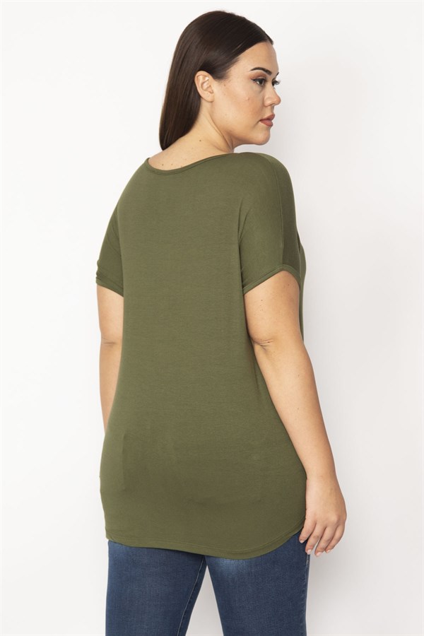 Kadın Haki Nakış Detaylı V Yaka Düşük Kol Bluz 65N29513