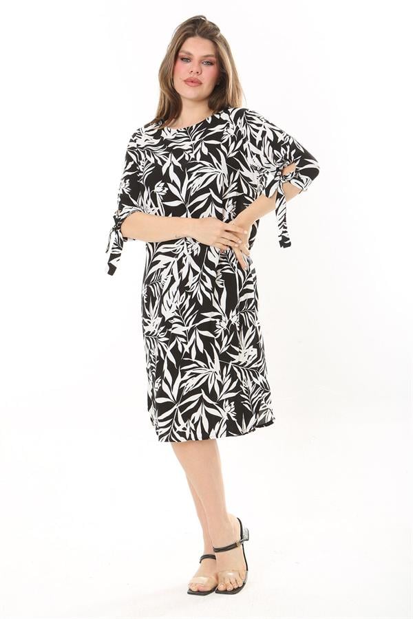 Kadın Büyük Beden Siyah Dokuma Viskon Kumaş Kol Bağcıklı Elbise 65N37865