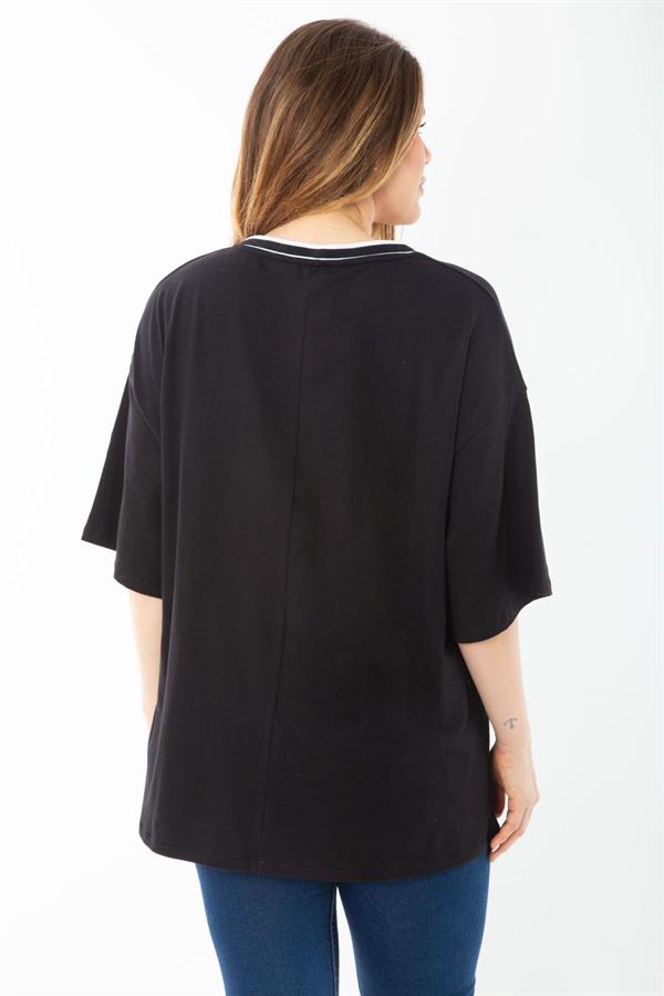 Kadın Büyük Beden Siyah Pamuklu Kumaş V Yaka Ribana Ve Baskı Detaylı Tunik 65N37456