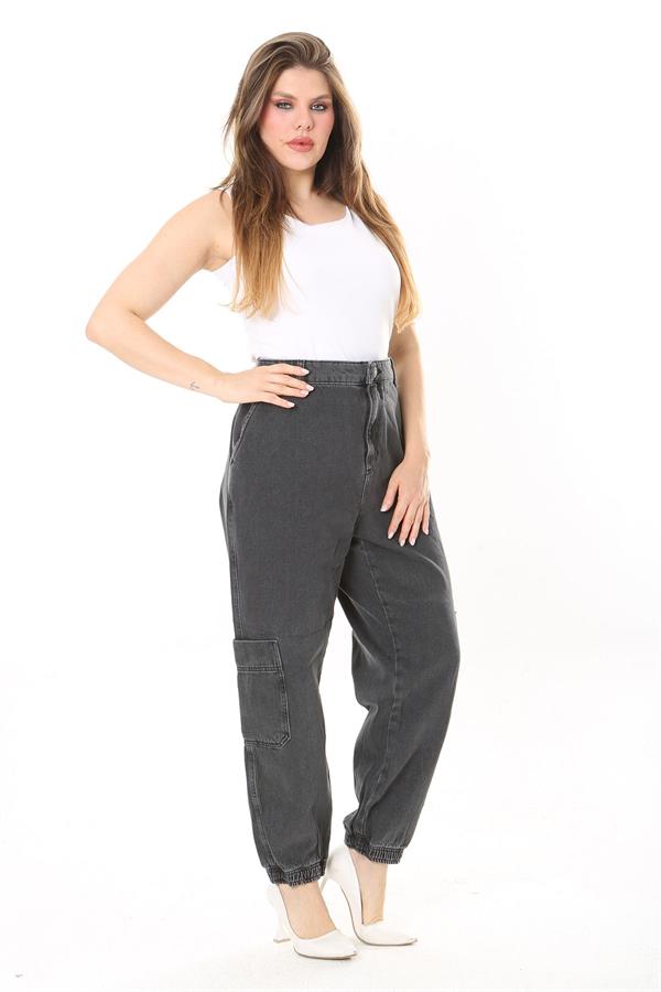 Kadın Büyük Beden Füme Kargo Cepli Paçası Lastik Detaylı Kot Pantolon 65N38028