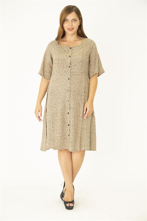 Kadın Büyük Beden Lacivert Dokuma Viskon Kumaş Ön Düğmeli Cepli Elbise 65N36785