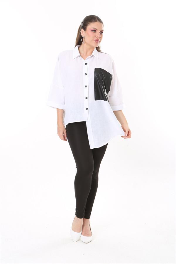 Chemise en similicuir grande taille pour femme, fermeture à boutons-pression, poche et détail sur le devant 65N37698 Chemise en similicuir grande taille pour femme, fermeture à boutons-pression, poche et détail sur le devant 65N37698
