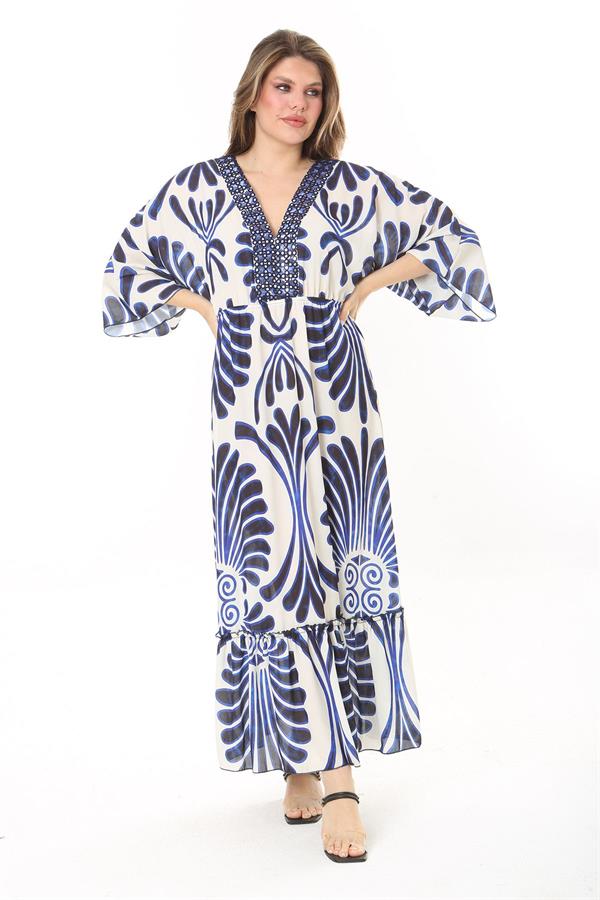 Kadın Büyük Beden Mavi Yakası Taş Detaylı Etek Ucu Katlı Krep Elbise 65N37907