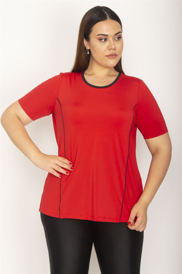 Kadın Kırmızı Yaka Ve Kup Biyeli Kısa Kollu Bluz 65N27038