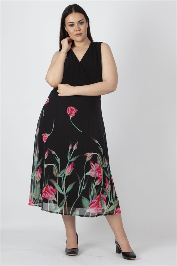 Kadın Siyah Etek Kısmı Şifon Astarlı Anvelop Çiçek Desenli Elbise 65N26735