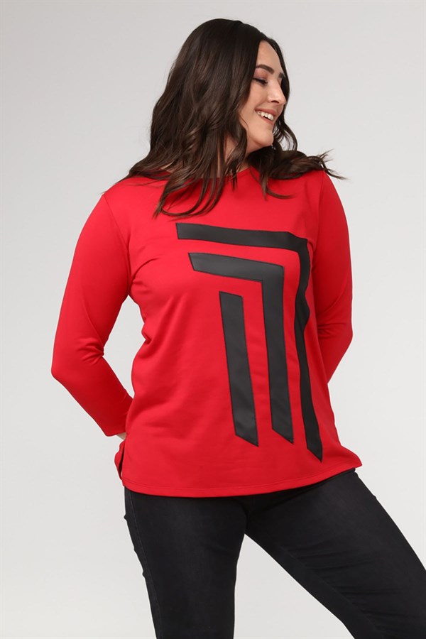 KADIN BORDO ÖNÜ DERİ DETAYLI BİSİKLET YAKA BLUZ