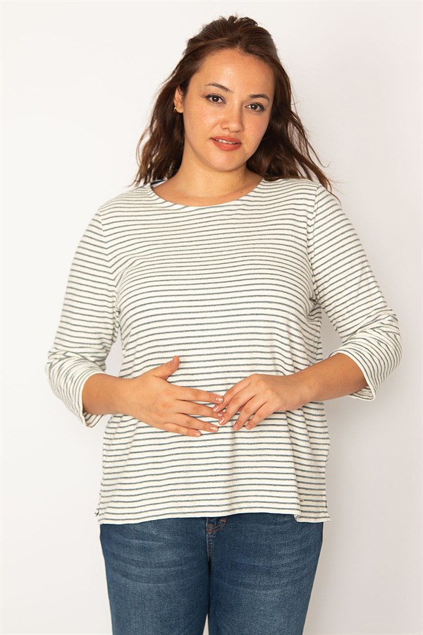 WOMEN'S COLORFUL CREW-NECK CAPRI SLEEVE STRIPED BLOUSE