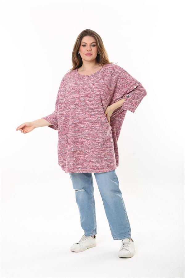 Kadın Büyük Beden Yeşil Kolları Süs Metal Düğmeli Kırçıllı Kalın Tunik 65N37403