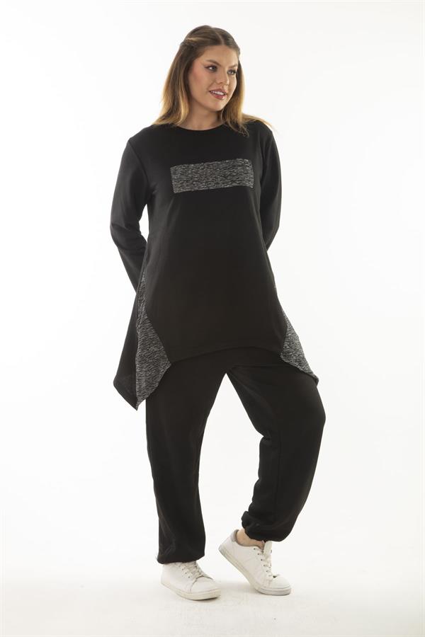 Kadın Büyük Beden Siyah Sim Detaylı Sweatshirt Pantolon İkili Takım 65N37054