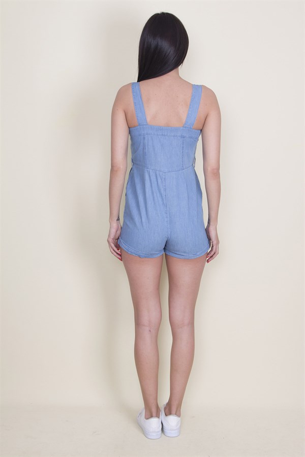 Kadın Mavi Denim Kumaş Düğme Ve Cep Detaylı Askılı Tulum