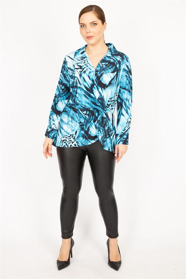 Kadın Mavi Büyük Beden Çıtçıt Kapama Anvelop Ön Büzgülü Tunik