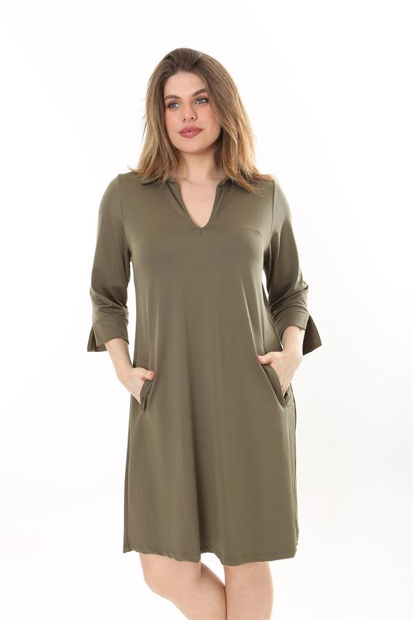 Kadın Büyük Beden Haki V Yakalı Cepli Krep Elbise 65N37658