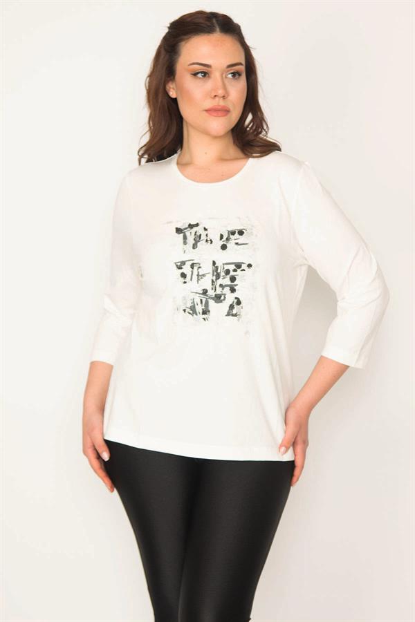 Kadın Kemik Büyük Beden Sim Baskılı Kapri Kol Likralı Bluz 65N35706