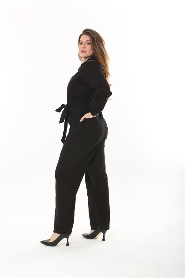 Kadın Büyük Beden Siyah Ön Fermuarlı Arka Beli Lastik Ve Kuşak Detaylı Cepli Tulum 65N37469