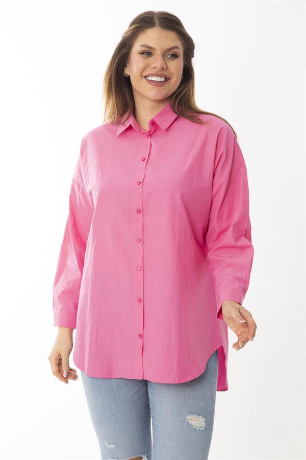 Kadın Büyük Beden Pembe Ön Düğmeli Uzun Kollu Gömlek 65N37046