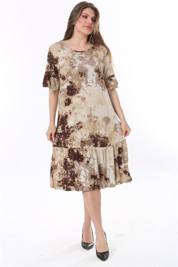 Kadın Büyük Beden Kahve Batik Desenli Kısa Kollu Etek Ucu Katlı Elbise 65N37764
