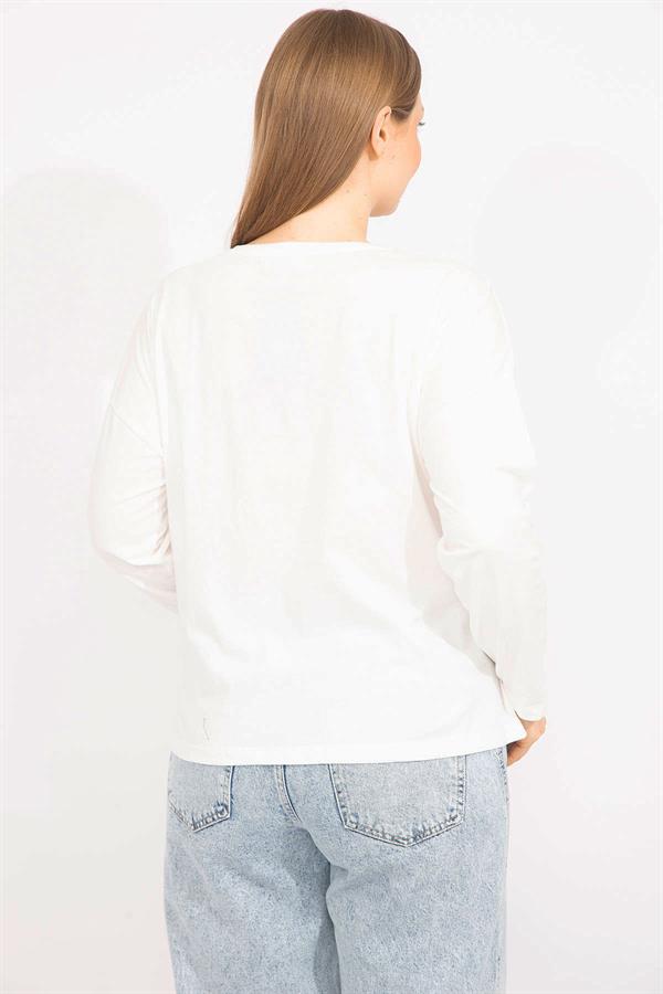 Kadın Kemik Büyük Beden Pamuklu Kumaş Kapri Kol Baskılı Bluz 65N35563