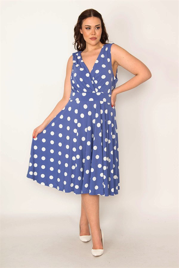 KADIN MAVİ ANVELOP YAKALI PUAN DESENLİ ELBİSE