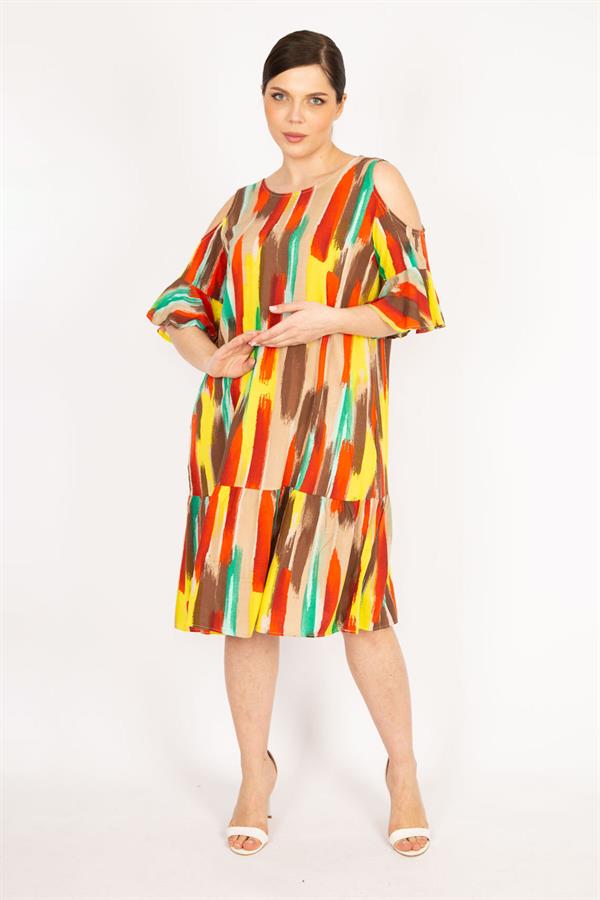 Kadın Fujya Büyük Beden Omuz Dekolteli Dokuma Viskon Kumaş Yan Cepli Elbise